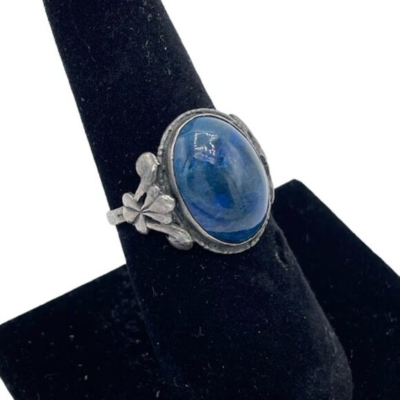 Antique Arts & Crafts Blue Apatite Sterling Silver Flower Leaf Ring SZ 7 - Picture 1 of 10